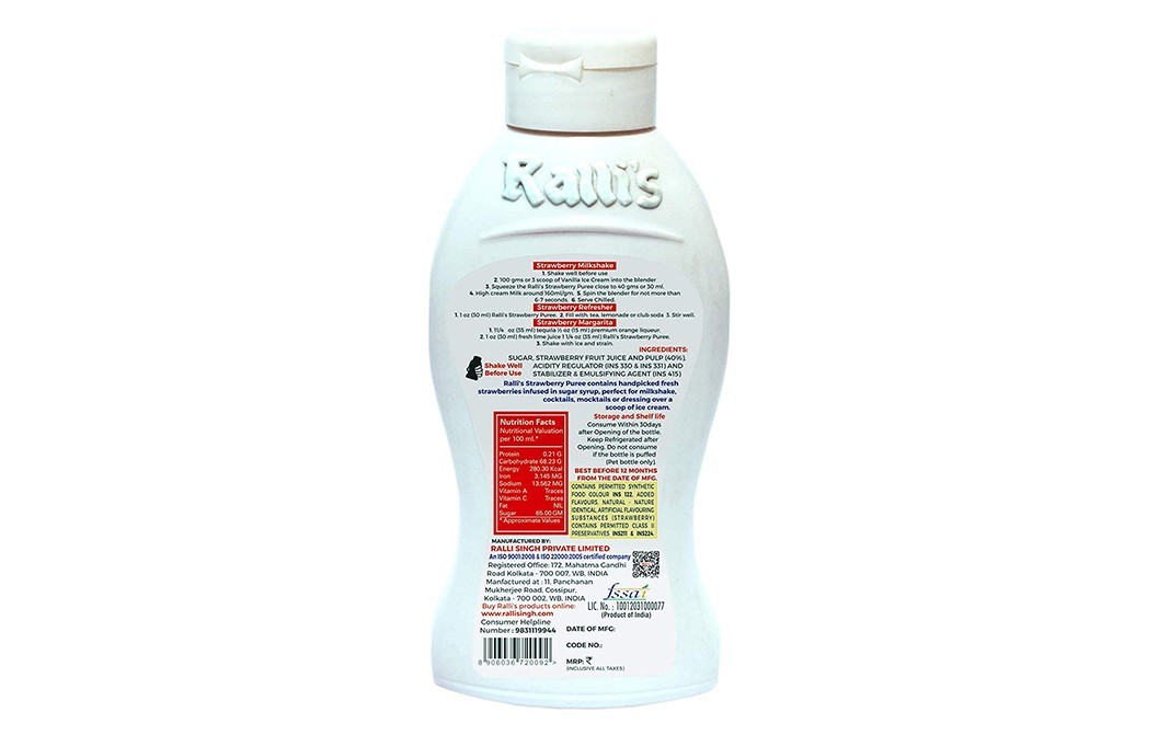 Ralli's Strawberry Puree Infused Syrup    Plastic Jar  500 grams